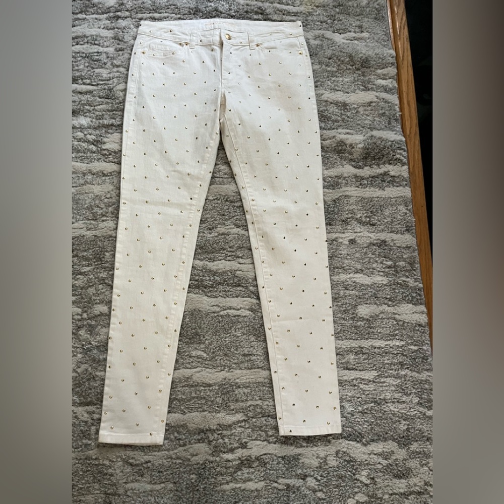 Michael Kors White Denim Skinny Jeans Gold Studs Embellishment Womens Sz 6
